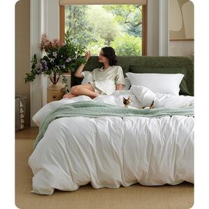 100% Washed Cotton Duvet Cover Queen Size - Natural White Minimalist